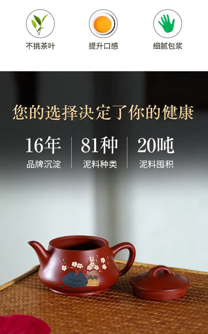 Yixing Purple Sand Pot, Famous Hand-painted Plum Blossom Ore Dahongpao Kung-Fu Teaware Purple Clay Drinkware for Puer Green