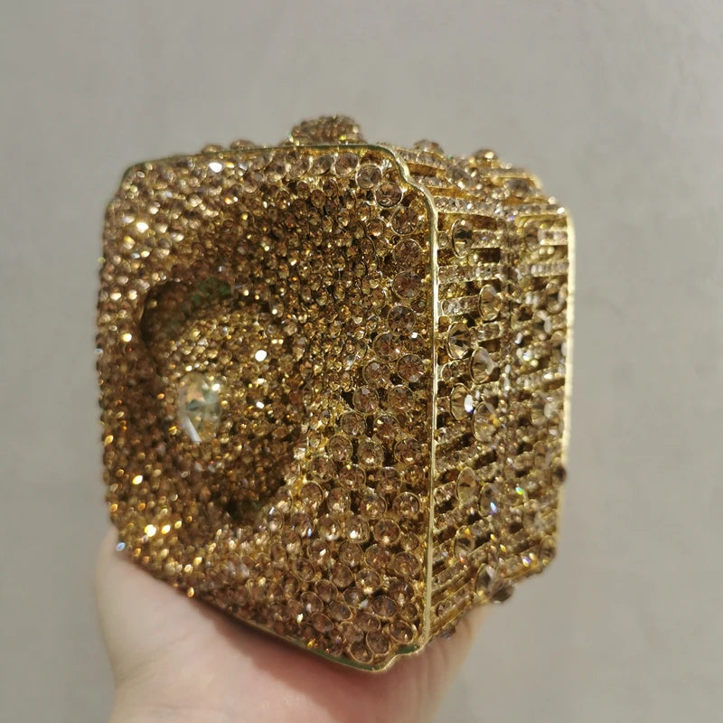 Woman Gold Green Hollow Out Diamond Party Handbag Mini Shape Metal Crystal Evening Purse Wedding Bridal Dinner Birthday Prom Bag
