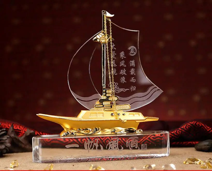 TOP GOOD Desk Business Decorative art Talisman -ALL GOOD LUCK crystal Sailboat FENG SHUI Mascot Sculpture statue