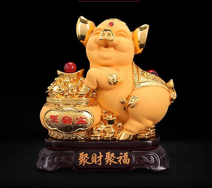 HOME office company shop  thriving business Ornament Money drawing GOOK LUCK Fortune GOLD Pig Mascot FENG SHUI art Statue