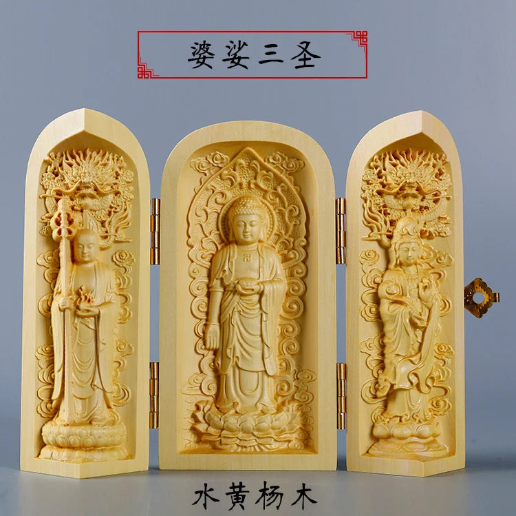 TOP GOOD Buddhism sacred holy # TOP Talisman Protection Lotus Three Sages Guanyin Buddha Sculpture Wood carving ART statue