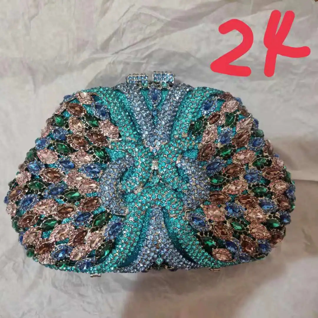 Woman Blue Flower Diamond Evening Purse Wedding Bridal Floral Hollow Out Clutch Bag Fashion Lady Party Dinner Crystal Handbag