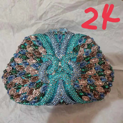 Woman Blue Flower Diamond Evening Purse Wedding Bridal Floral Hollow Out Clutch Bag Fashion Lady Party Dinner Crystal Handbag