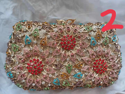 Woman Gold Colorful Flower Diamond Clutch Hollow Out Floral Evening Purse Wedding Bridal Rhinestone Bag Party Crystal Handbag