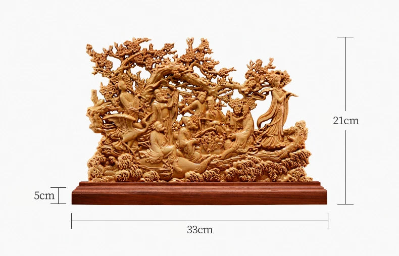33CM Thuja Wood Eight Immortals Sculpture Decor Dish Hollow Wood God of Wealth  Carving Lucky Gift Home Decor