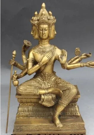 11 "Buddha Tibet Perunggu 4 Kepala 8 Lengan Kuan-yin Guan Patung Buddha Dewi Yin
