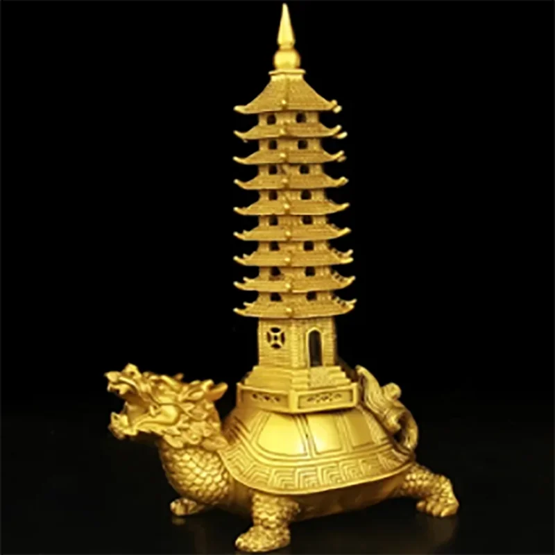 Brass Feng Shui Statue Dragon Turtle Wenchang Pagoda Home Office Decoration Attract Academic Luck Education Tower Figurine