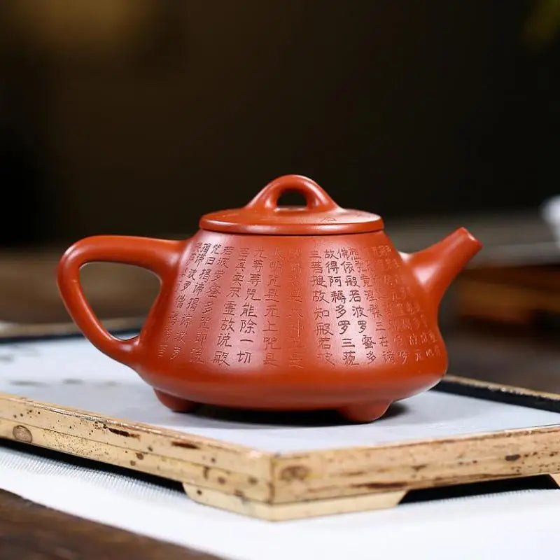 Mud Carved and Painted Heart Scripture Stone Ladle Teapot, Zisha Teapot, Handmade Pot, Kung-fu, Original Ore Vermilion Mud