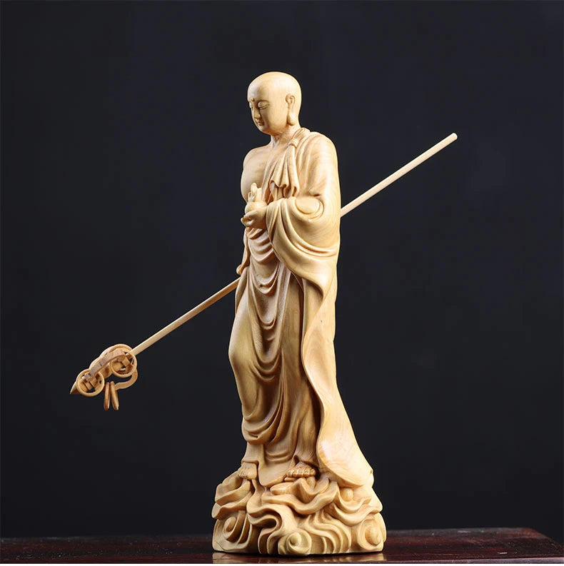 20CM  Wood Buddha Statue Boxwood Ksitigarbha Sculpture Dizang Wang Bodhisattva Worship Home Decor Crafts