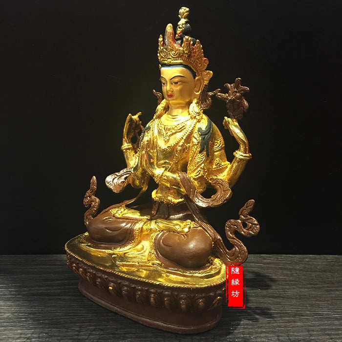 22cm--home family efficacious Protection Four-armed Avalokitesvara Bidhisattva brass Guanyin  Gold-plated Buddha  statue