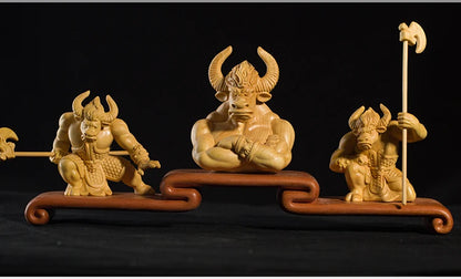 Zodiac Bull Devil Home Decoration Crafts Collection Feng Shui Boxwood Carving Small Ornaments