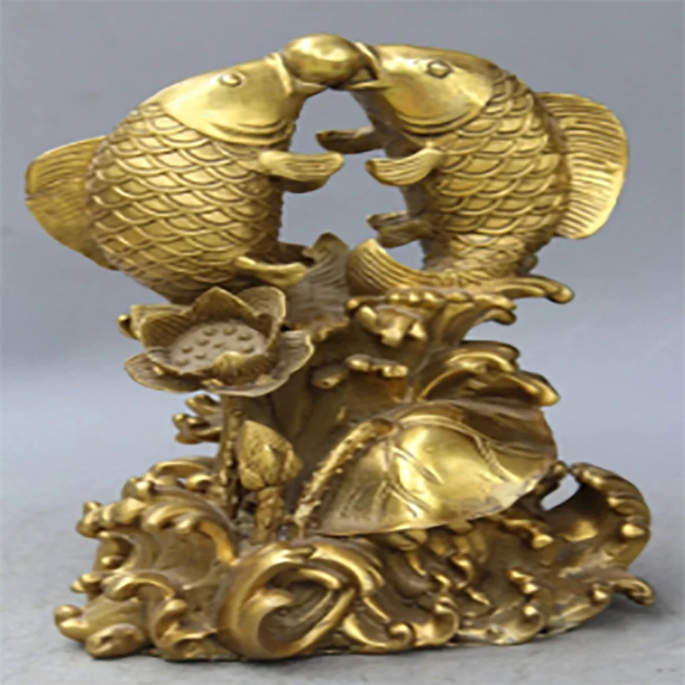 Lucky Chinese Pure Brass Two Fish Play Ball On Auspicious Lotus Leaf Statue