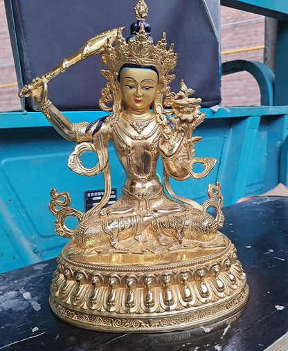 Asia Buddhism home temple altar Worship Manjusri Guanyin Bodhisattva  Buddha brass gilding statue bless Safety Health good luck