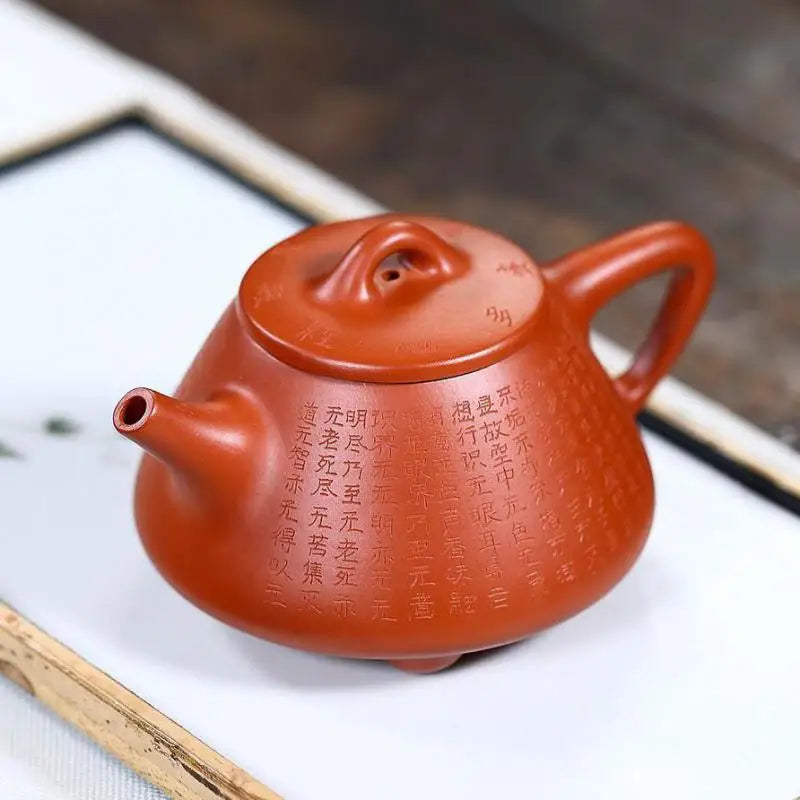 Mud Carved and Painted Heart Scripture Stone Ladle Teapot, Zisha Teapot, Handmade Pot, Kung-fu, Original Ore Vermilion Mud