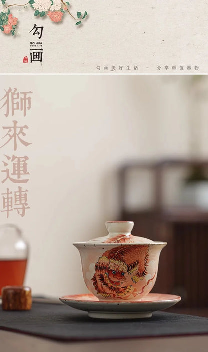 JingDe Zhen  Rough Pottery Hand-paint Ceramic Lion Sansai Gaiwan Brewing Tea Bowl Palace Style Glaze Color kung fu Tea Set