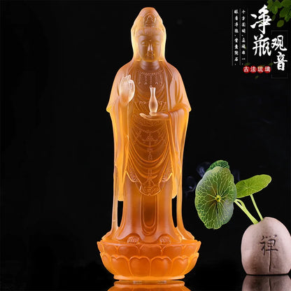 Coloured glaze bottle Guanyin standing image Buddha statue ornament Bodhisattva Buddhist temple home worship decoration