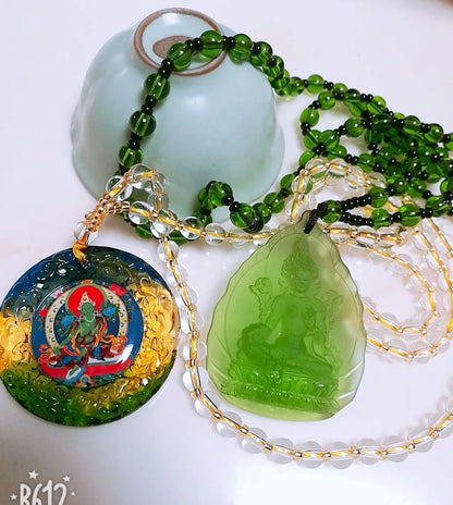 2PCS GOOD Buddhist supplies Greco-Buddhist pocket travel efficacious talisman Green Tara Buddha Crystal Mantra Pendant Amulet