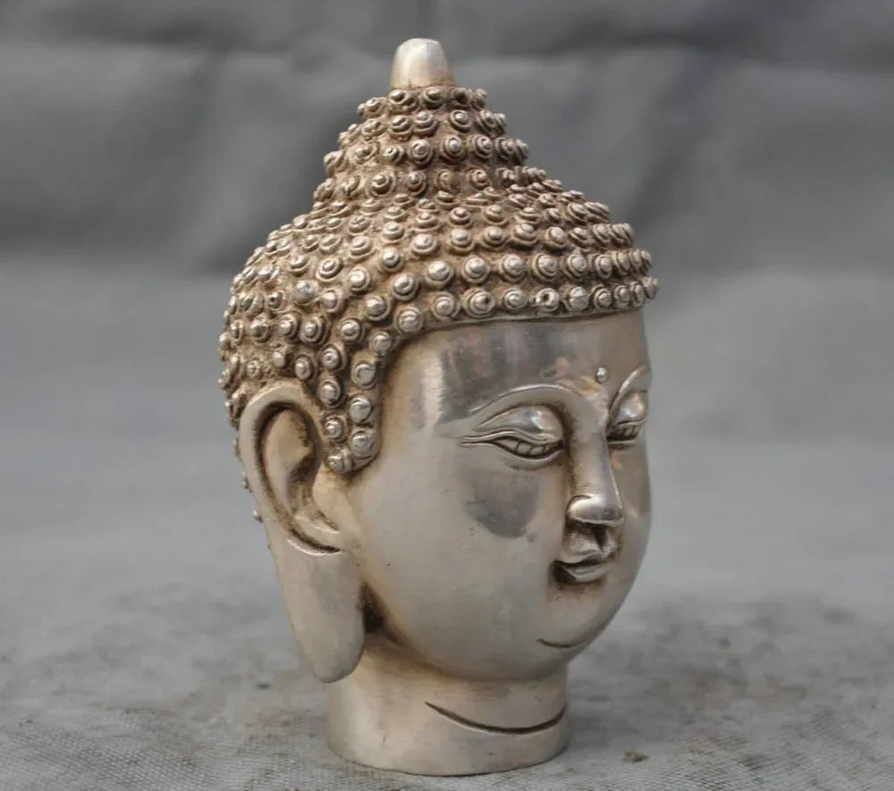 Copper Brass Home Metal Crafts Tibet Tibetan Buddhism White Copper Shakyamuni Buddha Head Bust Statue Figurine