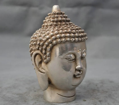 Copper Brass Home Metal Crafts Tibet Tibetan Buddhism White Copper Shakyamuni Buddha Head Bust Statue Figurine