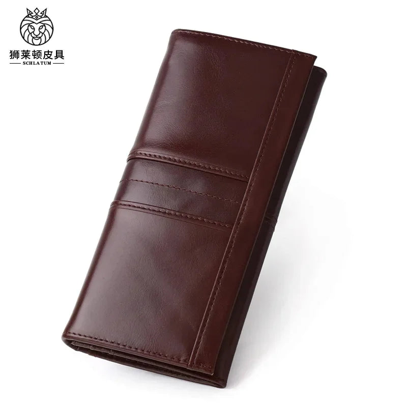 SCHLATUM Brand Cowhide RFID Anti-theft Brush Money Men's Long Genuine Leather Mobile Phone Bag 2024 New Men Vertical Wallet