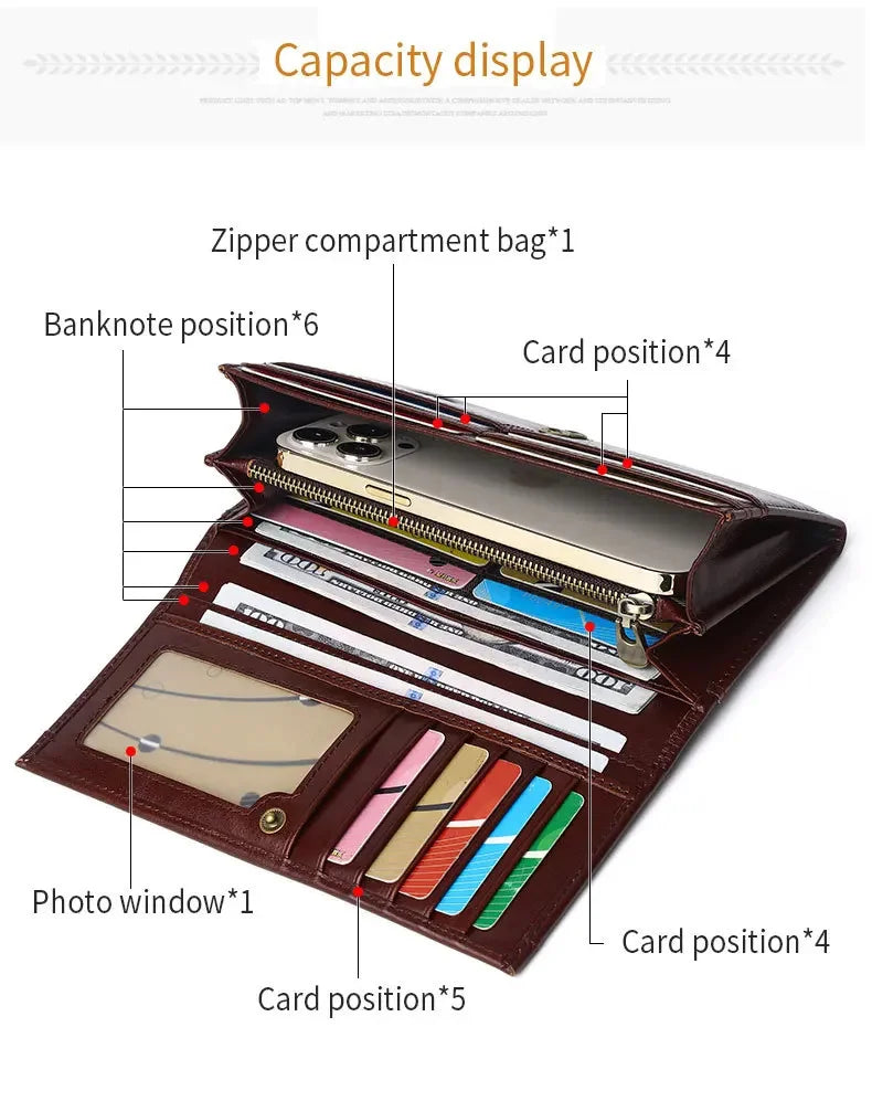SCHLATUM Brand Cowhide RFID Anti-theft Brush Money Men's Long Genuine Leather Mobile Phone Bag 2024 New Men Vertical Wallet