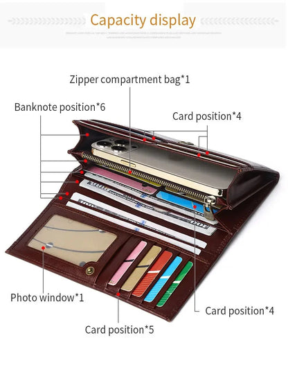 SCHLATUM Brand Cowhide RFID Anti-theft Brush Money Men's Long Genuine Leather Mobile Phone Bag 2024 New Men Vertical Wallet