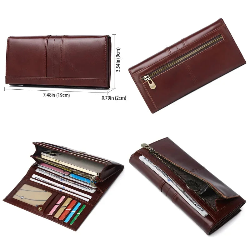 SCHLATUM Brand Cowhide RFID Anti-theft Brush Money Men's Long Genuine Leather Mobile Phone Bag 2024 New Men Vertical Wallet