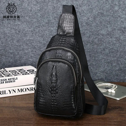 SCHLATUM New Brand Men's Chest 100% Genuine Leather Sport Casual Crossbody s for Men Black Crocodile Pattern Shoulder Bag