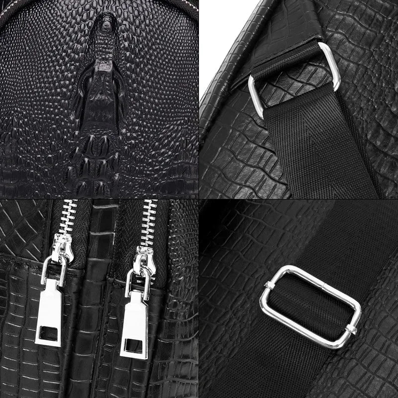 SCHLATUM New Brand Men's Chest 100% Genuine Leather Sport Casual Crossbody s for Men Black Crocodile Pattern Shoulder Bag