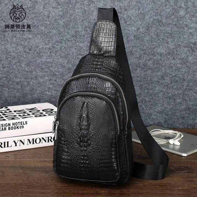 SCHLATUM New Brand Men's Chest 100% Genuine Leather Sport Casual Crossbody s for Men Black Crocodile Pattern Shoulder Bag