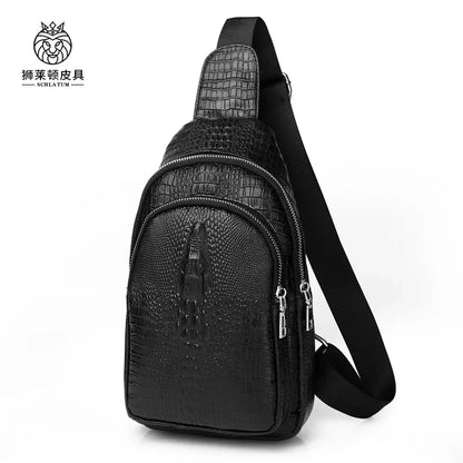 SCHLATUM New Brand Men's Chest 100% Genuine Leather Sport Casual Crossbody s for Men Black Crocodile Pattern Shoulder Bag