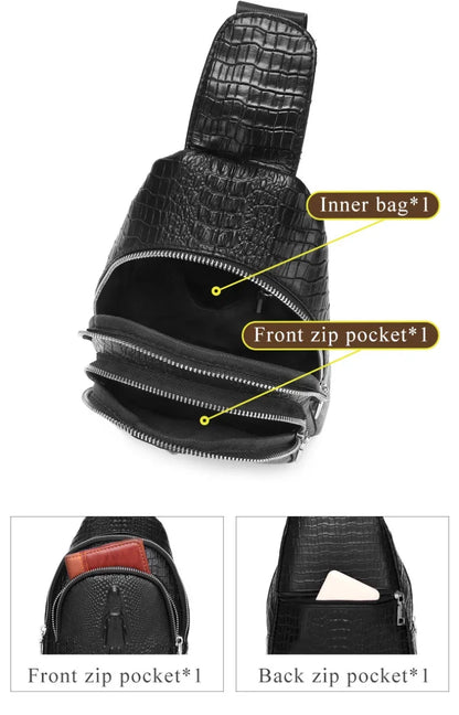SCHLATUM New Brand Men's Chest 100% Genuine Leather Sport Casual Crossbody s for Men Black Crocodile Pattern Shoulder Bag