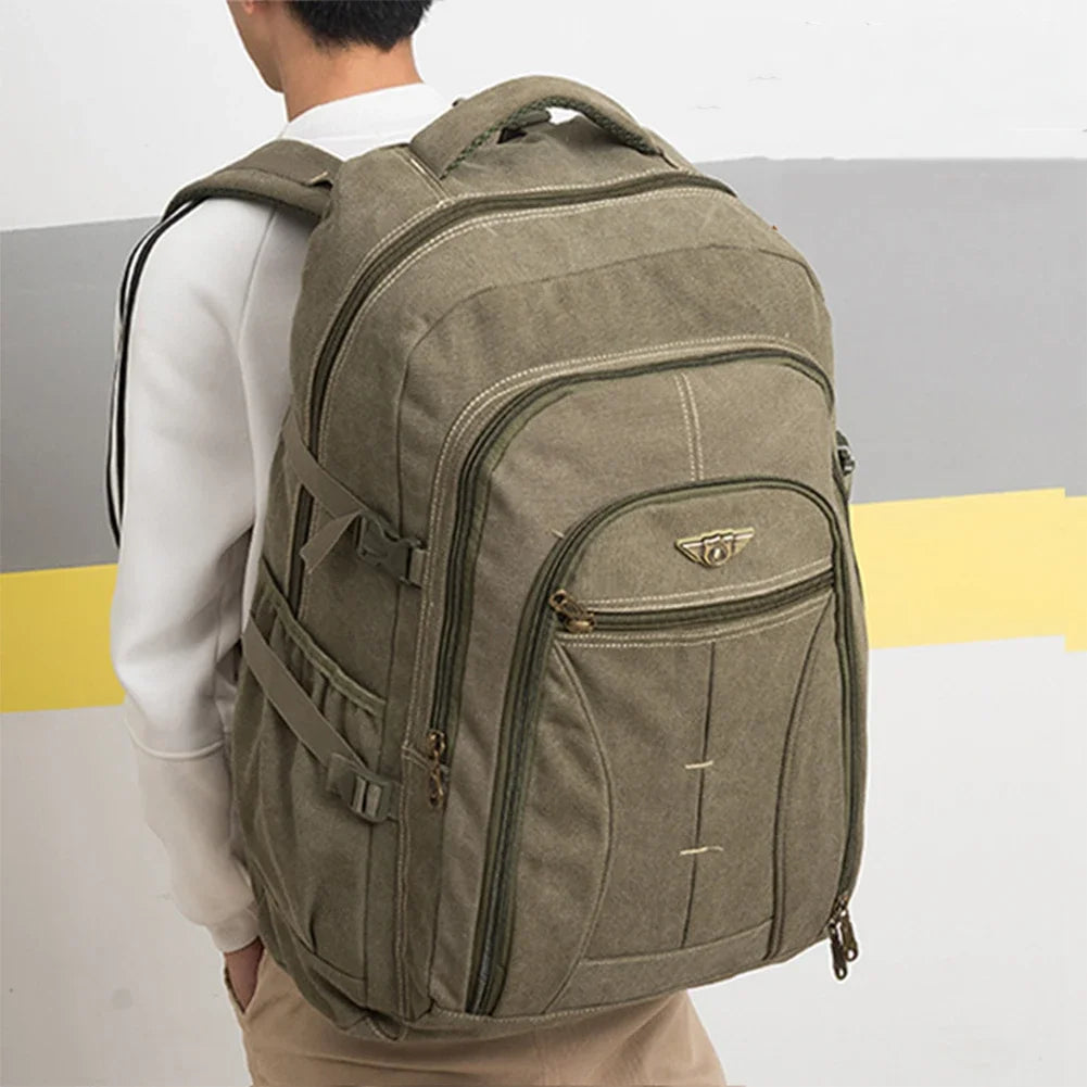 SYZM 70L Large Capacity Canvas Backpack Multifunctional Men's Laptop Backpack Sports Bag Retro Camping Hunting Climbing Rucksack