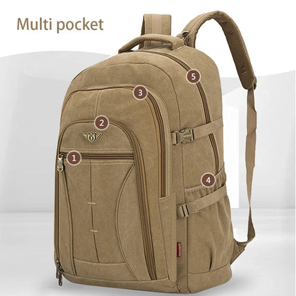 SYZM 70L Large Capacity Canvas Backpack Multifunctional Men's Laptop Backpack Sports Bag Retro Camping Hunting Climbing Rucksack