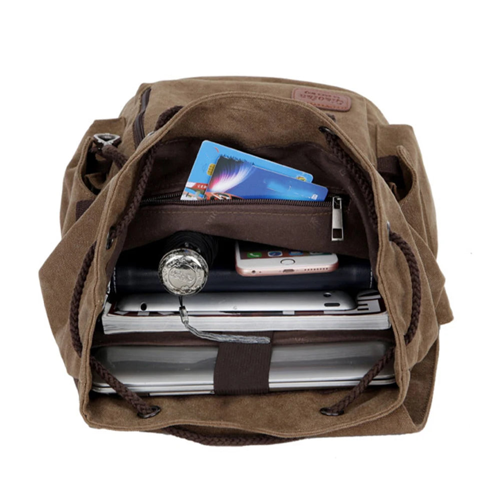 SYZM Canvas Backpack Large Capacity Men Travel Bag Multifunctional Shoulder Bag for Laptop Rucksack Drawstring School Bags