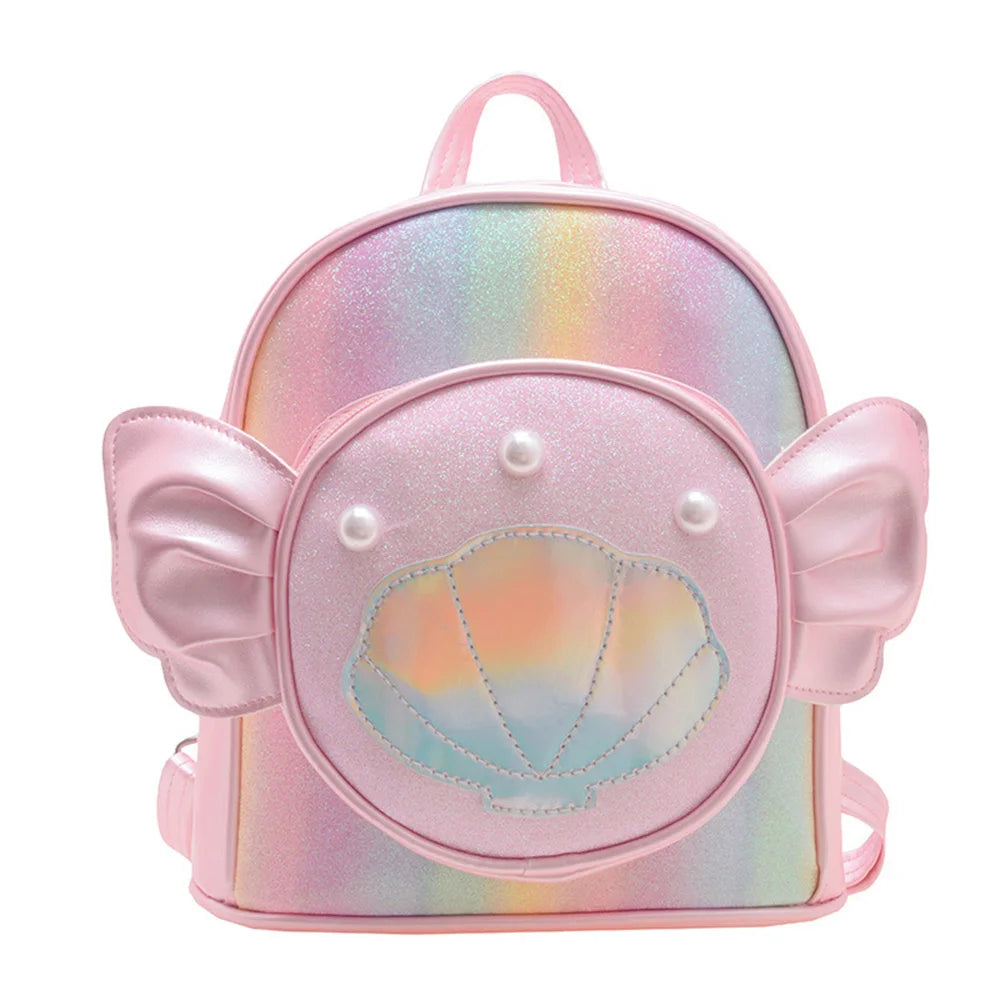 SYZM Cute Baby Girls Backpack Angel Wings Cartoon Shoulders Bag Laser Bag Princess Style Pearl Seashell Decorated Small Backpack