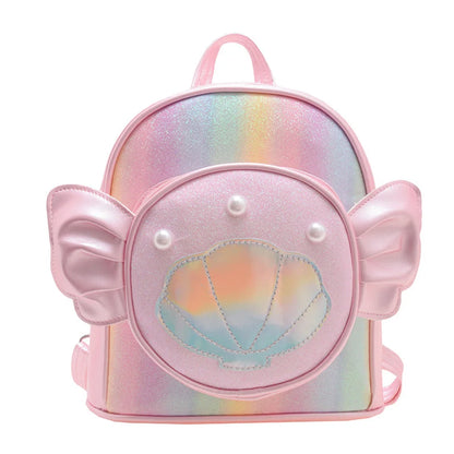 SYZM Cute Baby Girls Backpack Angel Wings Cartoon Shoulders Bag Laser Bag Princess Style Pearl Seashell Decorated Small Backpack