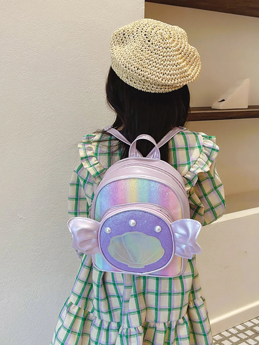 SYZM Cute Baby Girls Backpack Angel Wings Cartoon Shoulders Bag Laser Bag Princess Style Pearl Seashell Decorated Small Backpack