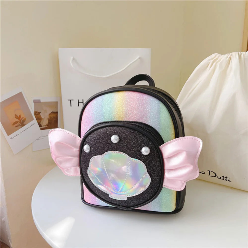 SYZM Cute Baby Girls Backpack Angel Wings Cartoon Shoulders Bag Laser Bag Princess Style Pearl Seashell Decorated Small Backpack