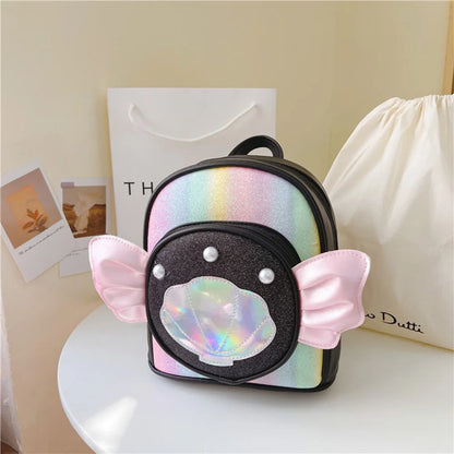 SYZM Cute Baby Girls Backpack Angel Wings Cartoon Shoulders Bag Laser Bag Princess Style Pearl Seashell Decorated Small Backpack