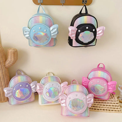 SYZM Cute Baby Girls Backpack Angel Wings Cartoon Shoulders Bag Laser Bag Princess Style Pearl Seashell Decorated Small Backpack