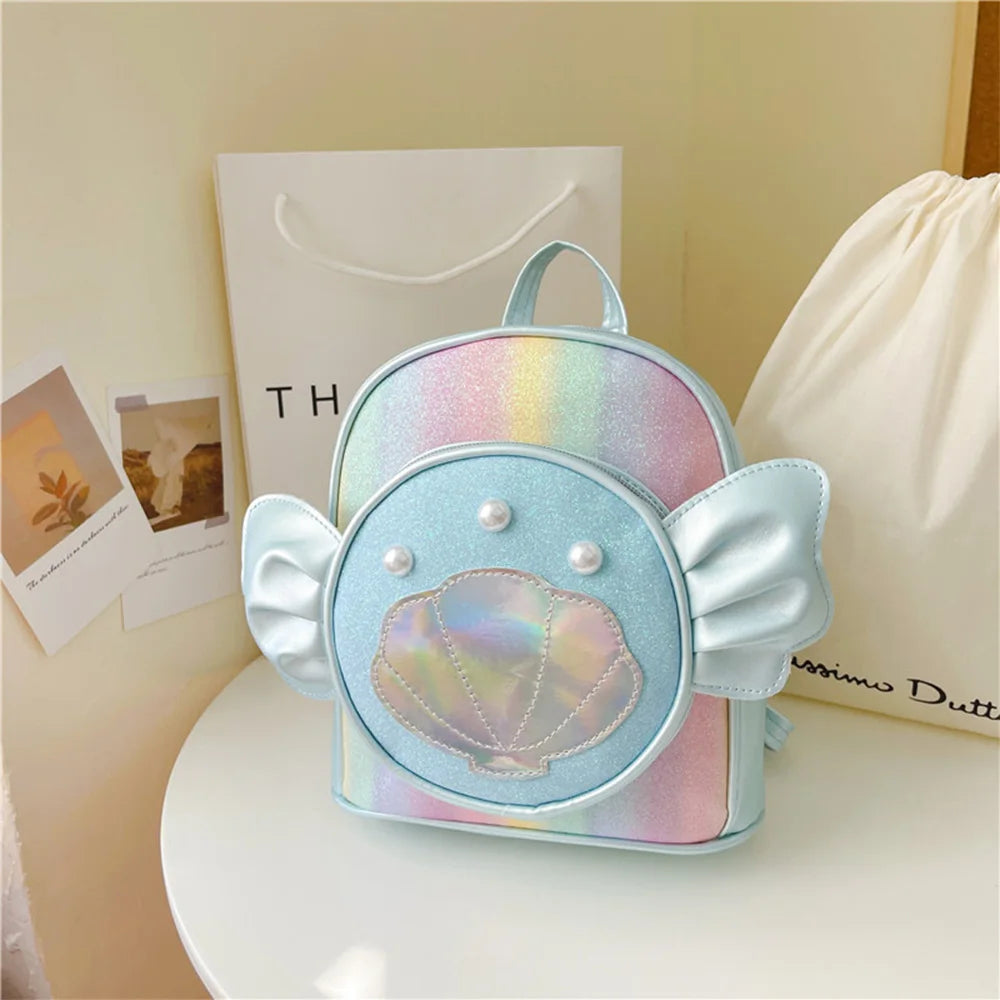 SYZM Cute Baby Girls Backpack Angel Wings Cartoon Shoulders Bag Laser Bag Princess Style Pearl Seashell Decorated Small Backpack