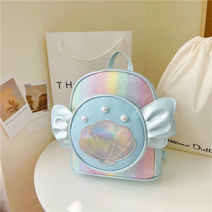 SYZM Cute Baby Girls Backpack Angel Wings Cartoon Shoulders Bag Laser Bag Princess Style Pearl Seashell Decorated Small Backpack