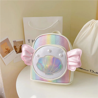 SYZM Cute Baby Girls Backpack Angel Wings Cartoon Shoulders Bag Laser Bag Princess Style Pearl Seashell Decorated Small Backpack