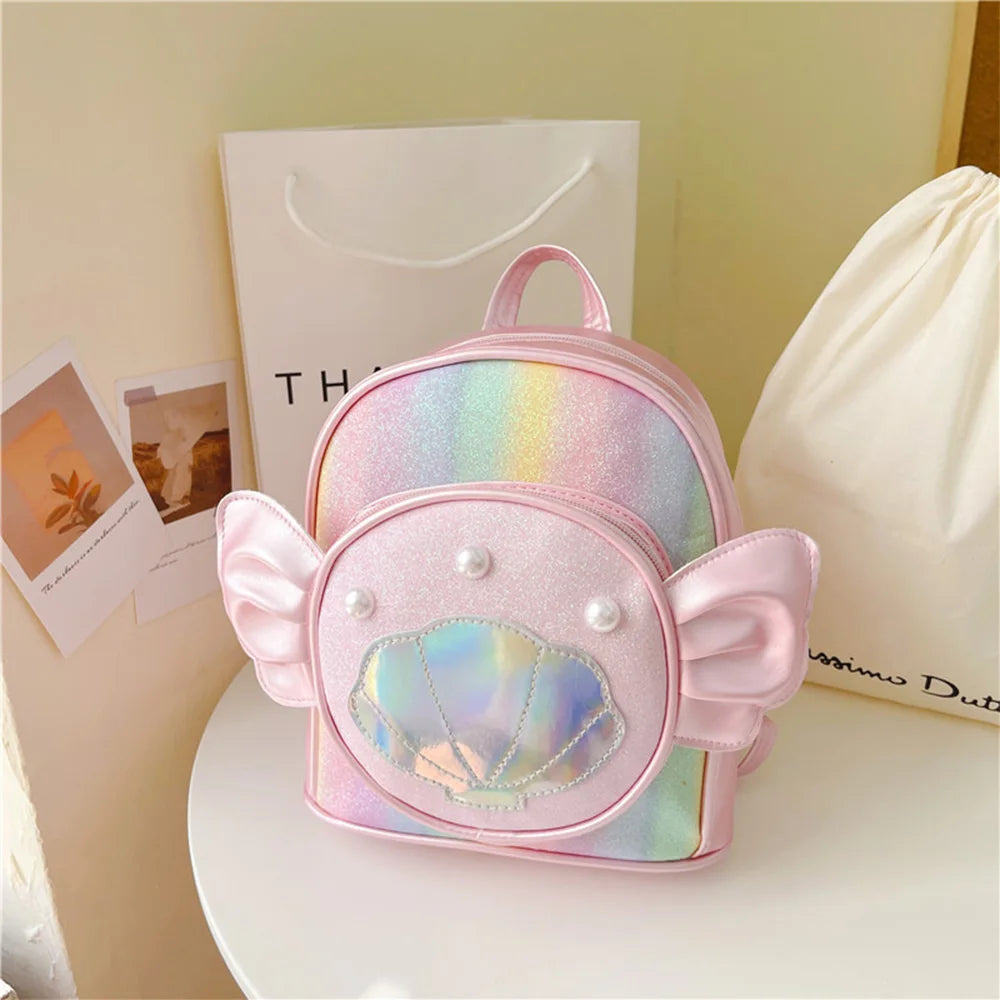 SYZM Cute Baby Girls Backpack Angel Wings Cartoon Shoulders Bag Laser Bag Princess Style Pearl Seashell Decorated Small Backpack