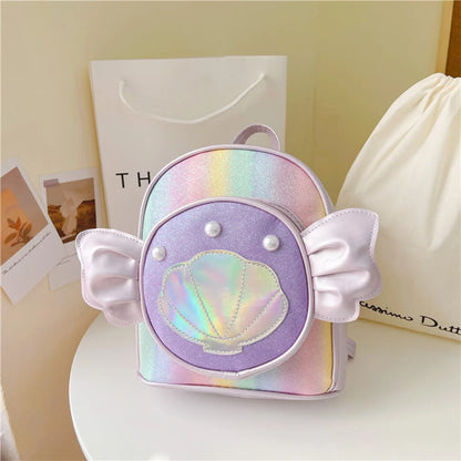 SYZM Cute Baby Girls Backpack Angel Wings Cartoon Shoulders Bag Laser Bag Princess Style Pearl Seashell Decorated Small Backpack