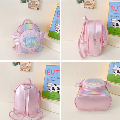 SYZM Cute Baby Girls Backpack Angel Wings Cartoon Shoulders Bag Laser Bag Princess Style Pearl Seashell Decorated Small Backpack