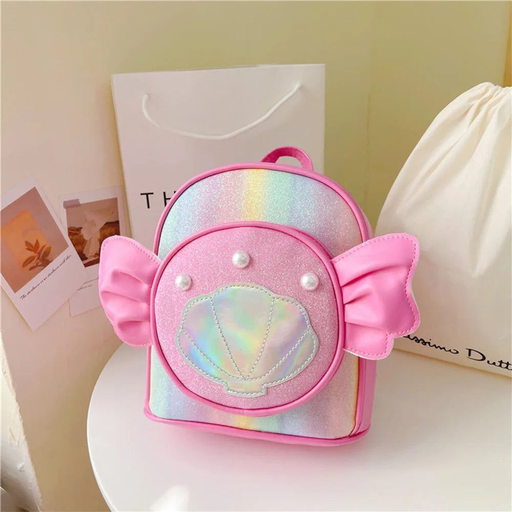 SYZM Cute Baby Girls Backpack Angel Wings Cartoon Shoulders Bag Laser Bag Princess Style Pearl Seashell Decorated Small Backpack