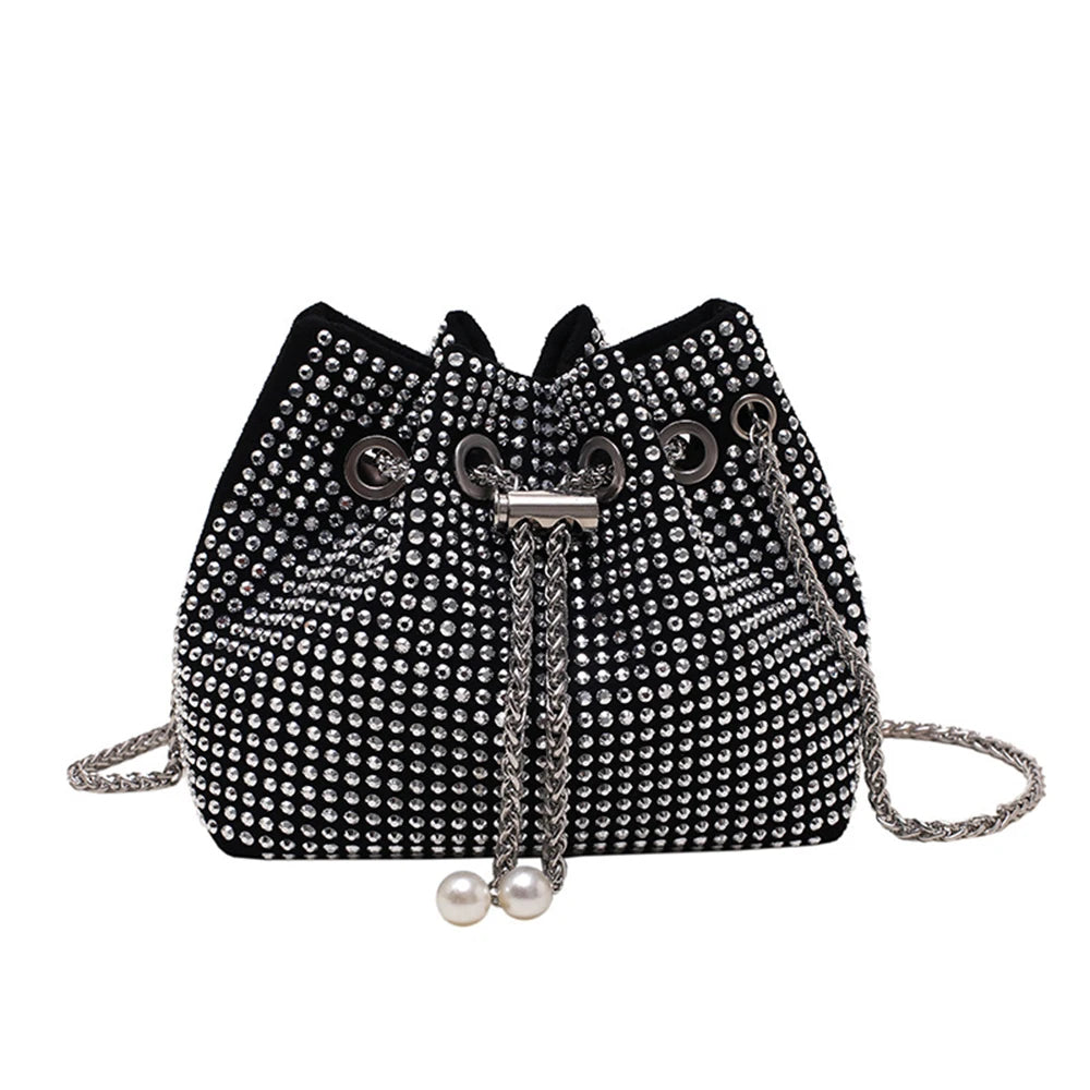 SYZM Drawstring Bucket Bag Vintage Beaded Ladies Handbag Fashion Shining Rhinestone Shoulder Bag Clutches Women Party Handbag