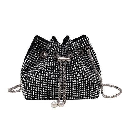SYZM Drawstring Bucket Bag Vintage Beaded Ladies Handbag Fashion Shining Rhinestone Shoulder Bag Clutches Women Party Handbag